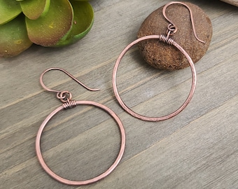 Hammered Copper Hoop Earrings: Antiqued Wire Wrapped Jewelry
