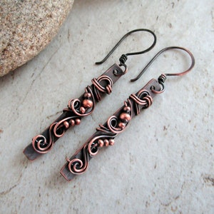 Copper Bar Earrings Healing Copper Jewelry 7th Anniversary Gift for Wife Bar Earrings Wire Wrapped Jewelry Wire Wrap Earrings image 6