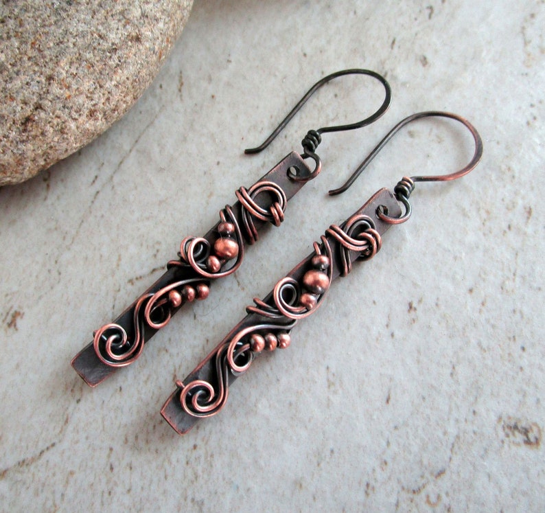 Copper Bar Earrings Healing Copper Jewelry 7th Anniversary Gift for Wife Bar Earrings Wire Wrapped Jewelry Wire Wrap Earrings image 6