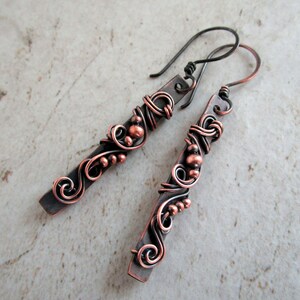 Copper Bar Earrings Healing Copper Jewelry 7th Anniversary Gift for Wife Bar Earrings Wire Wrapped Jewelry Wire Wrap Earrings image 5