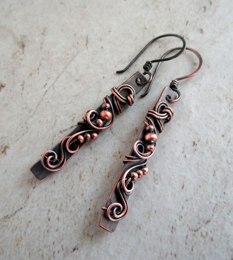 Copper Bar Earrings Healing Copper Jewelry 7th Anniversary Gift for Wife Bar Earrings Wire Wrapped Jewelry Wire Wrap Earrings image 5