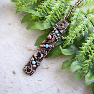 Turquoise Copper Bar Necklace: Wire Wrapped Boho Pendant