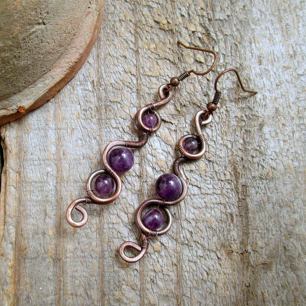 Purple Dangle Earrings - Amethyst Wire Wrap Earrings - February Birthstone Earrings - Boho Earrings - 7th Anniversary -  Infinity Earrings