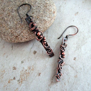 Copper Bar Earrings Healing Copper Jewelry 7th Anniversary Gift for Wife Bar Earrings Wire Wrapped Jewelry Wire Wrap Earrings image 2