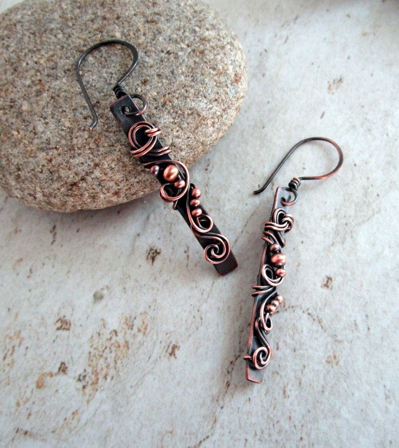 Copper Bar Earrings Healing Copper Jewelry 7th Anniversary Gift for Wife Bar Earrings Wire Wrapped Jewelry Wire Wrap Earrings image 2