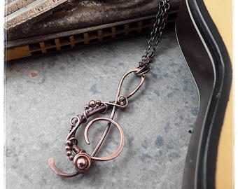 Copper Treble Clef Pendant Necklace: Wire Wrapped Music Jewelry