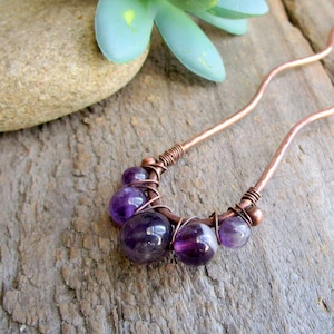 Rustic Copper Amethyst Hair Fork: Wire Wrapped Hair Pin