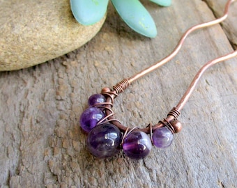 Rustic Copper Amethyst Hair Fork: Wire Wrapped Hair Pin