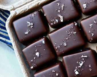 9 Piece Box Chocolate Covered Salted Caramels (Organic, Fair Trade, Dark Chocolate, Soy free, Holiday, Vermont, New England, Handmade, Gift)