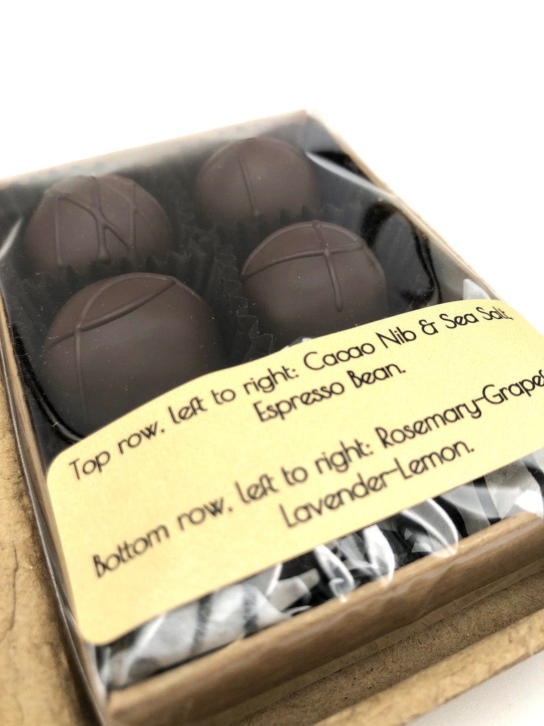 4 Piece Truffle Box Organic, Fair Trade, Dark Chocolate, Soy free, Holiday, Vermont, New England, Handmade, Gift, cacao, bon bon image 10