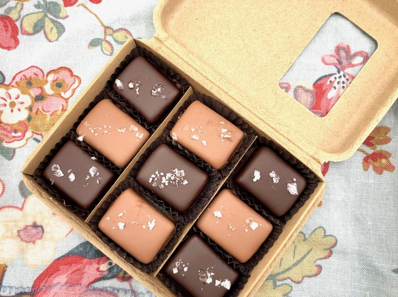 9 Piece Box Chocolate Covered Salted Caramels Organic, Fair Trade, Dark Chocolate, Milk Chocolate Soy free, Vermont, Handmade, Gift image 10