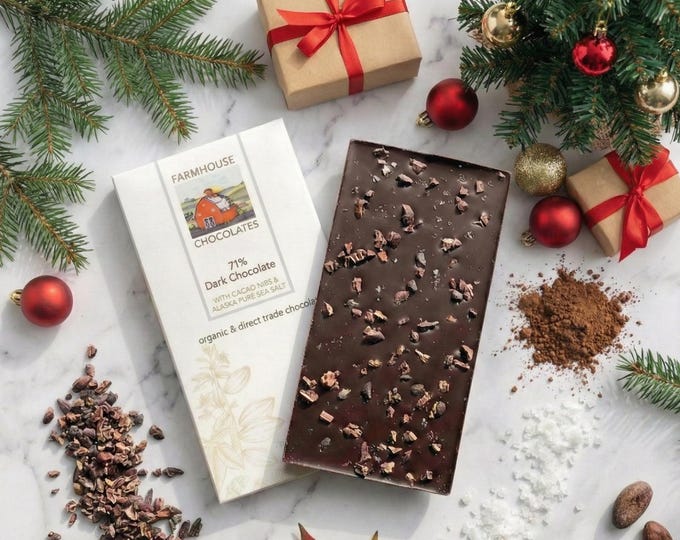 71% Dark Chocolate Bar: Cacao Nibs & Sea Salt, Vegan Organic Fair Trade