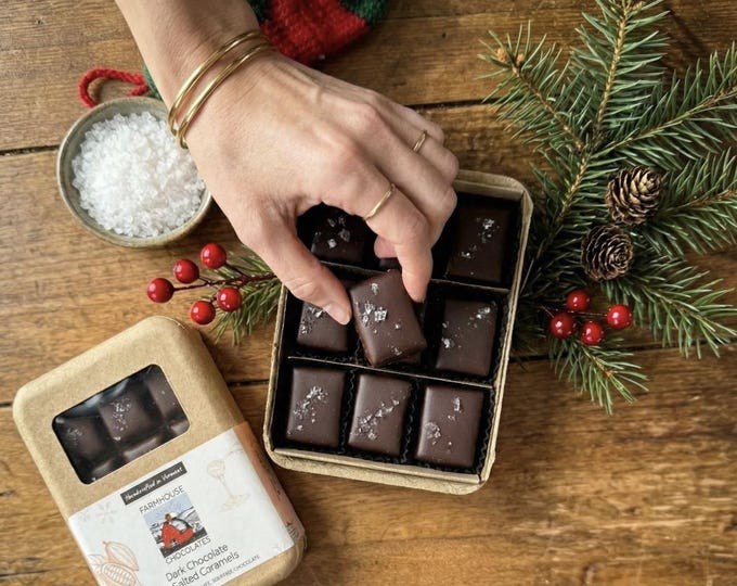 9 Piece Chocolate Covered Caramels, Organic Fair Trade Dark Chocolate, Handmade Vermont Gift