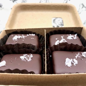 4 Piece Box Chocolate Covered Salted Caramels Dark Chocolate, Organic, Fair Trade, Soy Free, Vermont, New England, Holiday, Gift image 4