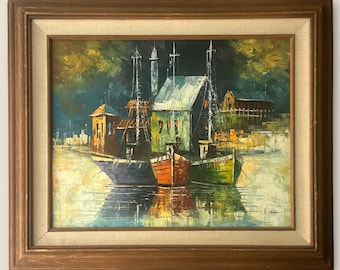 Harbor Vintage Oil Painting: Nautical Seascape, Beach House Decor