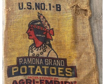 Ramona Brand Potatoes, Native American Potato Sack, Agri-Empire, San Jacinto, CA, Tolleson, Arizona, Vintage Indian Princess Burlap Sack
