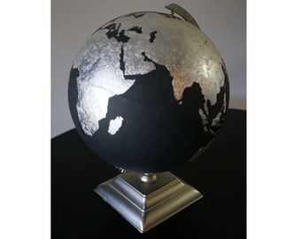 Hand Painted Globe - Chalk Paint and Silver Leaf Globe - Repurposed Globe - Silver and Black Globe - Custom Globe - Vintage World Globe