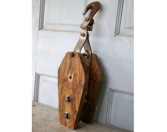 Vintage Wood and Metal Pulley, Rustic Home Decor