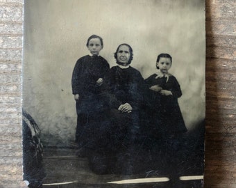 Granny and her Babies, Antique Tintype Photograph, Tintype Portrait, Antique Ferotype Portrait, 1/6 Plate, Antique Black and White Photo