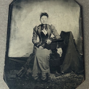 Antique Tintype Photograph of a Woman, Victorian Tintype Portrait, 1/6 Plate, Antique Black and White Photo of Woman in Corset