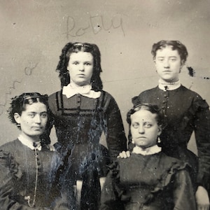 Curls, Pearls and Puffed Sleeves, Antique Tintype Photograph, Tintype Portrait, Four Ladies Tintype, 4 Women Antique Black and White Photo