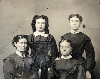 Curls, Pearls and Puffed Sleeves, Antique Tintype Photograph, Tintype Portrait, Four Ladies Tintype, 4 Women Antique Black and White Photo