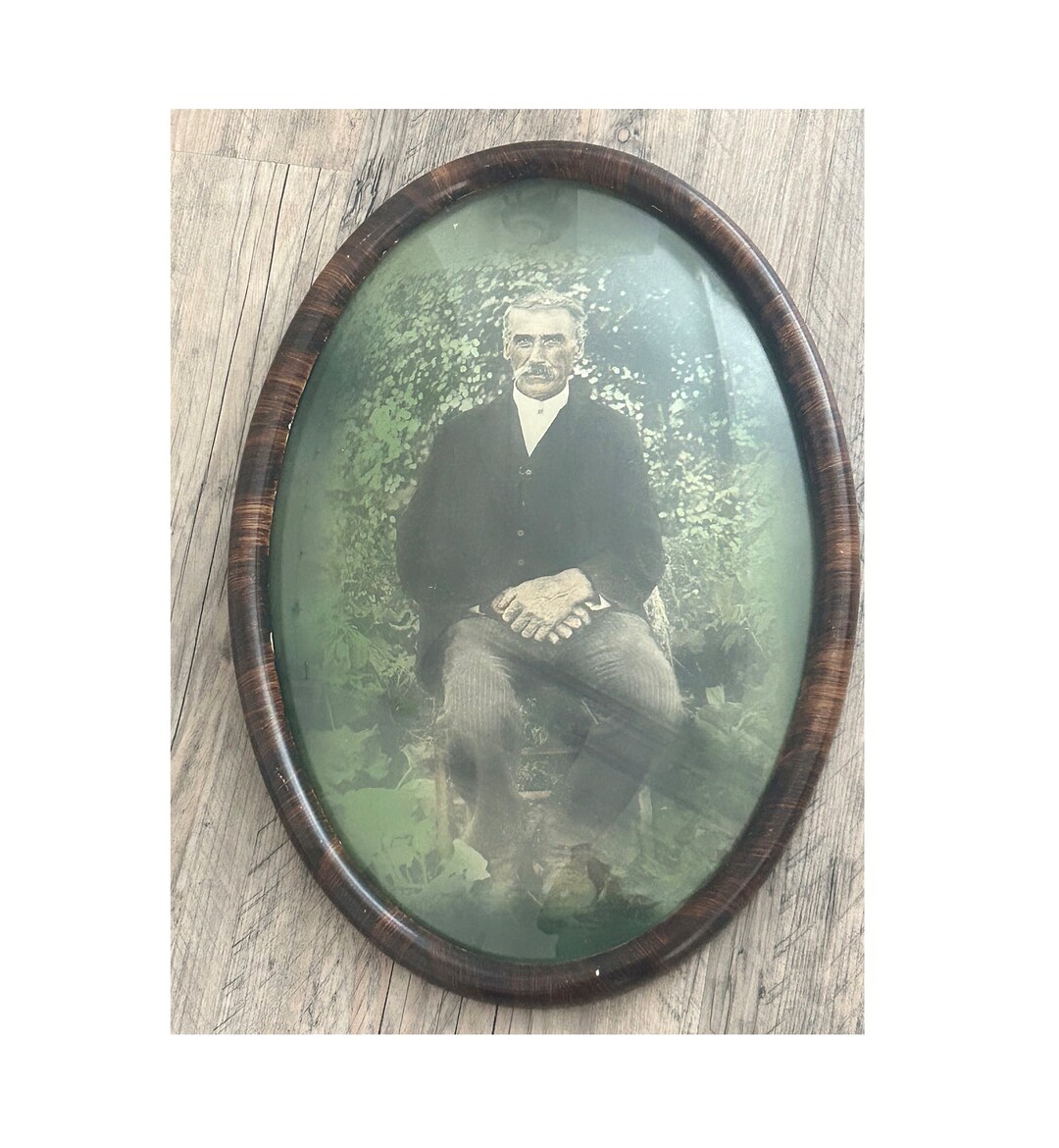 Antique Tiger Wood Oval Frame Convex Bubble Glass Picture Etsy