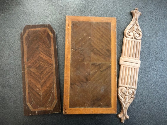Set of 3 Antique Wood Inlays Shabby Chic Wood Embellishments