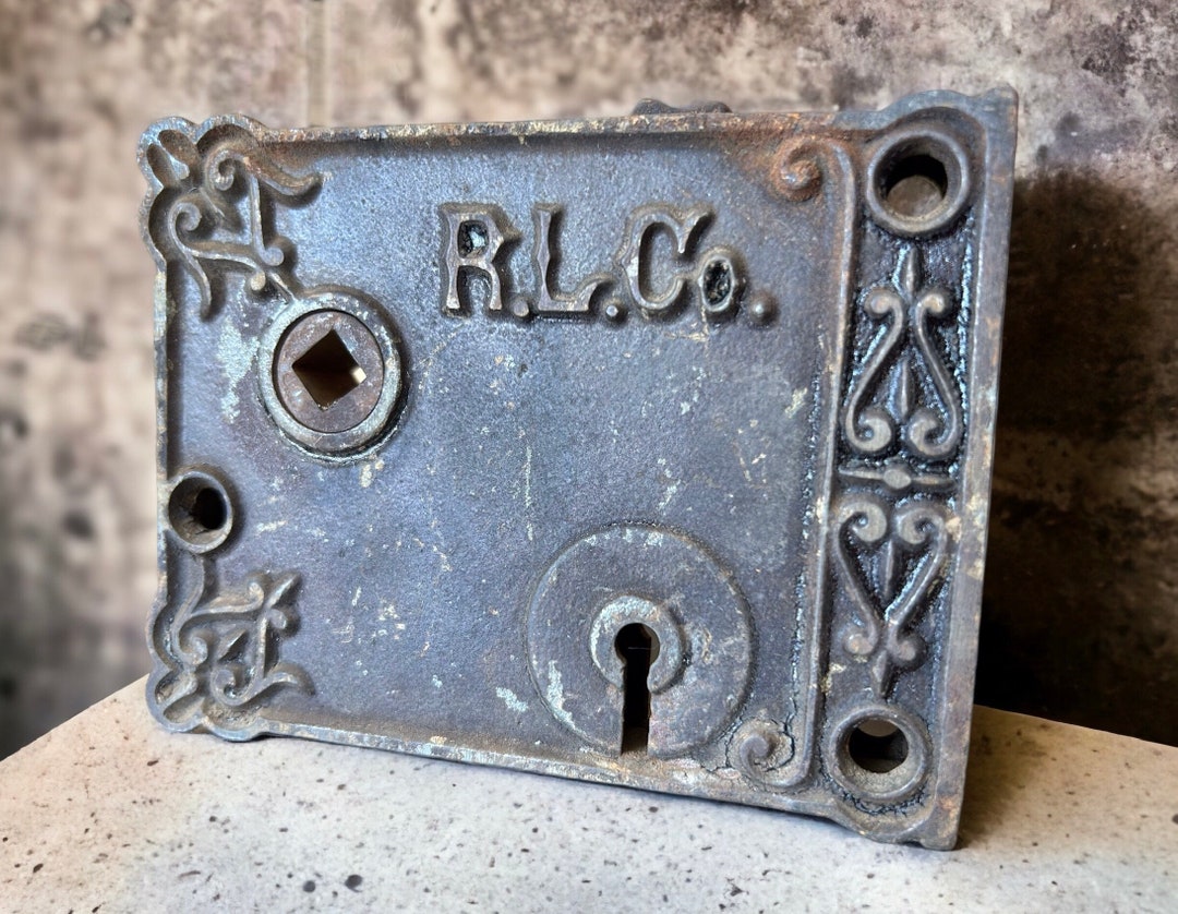 Antique Decorative Rim Lock by R.L. Co. 1800s Antique Brass Mortise