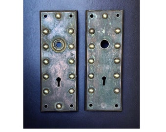 Matching Pair Of Original Antique Door Backplates With Faux Brass Rivets, Set of 2 Gothic Revival Backplates, Rare Mission Style Back Plates