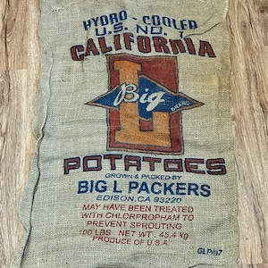 Hydro Cooled Calfornia Potato Sack, Big L Packers, Edison California, Vintage Burlap Bag, Vintage Gunny Sack, Farming Advertising,
