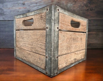 Vintage Carnation Beverage Sacramento Texas 1957's Crate, Wood and Metal Crate, Vintage Beverage Crate, Vintage Industrial Decor, Storage