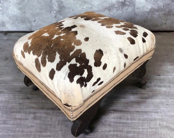 Cowhide Footstool, Antique Cowhide Stool, Wood Leg Cow Hide Stool, Solid Wood Antique Stool, Primitive Stool, Western Decor