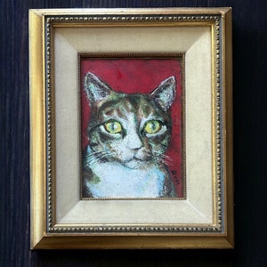Vintage Cat Art Tile Painting, “Caesar” by Buol, Framed