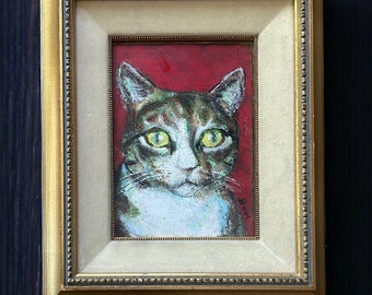 Original Vintage Fliesenbild einer Katze mit dem Titel “Caesar, Künstler Buol, Katzenkunst, Vintage handgemalte Katzenkunst, Originalgemälde Katzenkunstkachel
