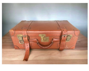 Vintage Leather Corbin Suitcase, Brown Leather Suitcase with Belted Straps, Leather Suitcase with Straps, Tray and Document Holder