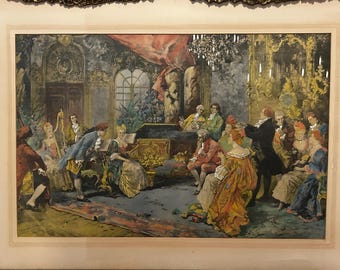Set Hand-Colored Lithograph, Royal Visitors in Watteau's Studio and Mozart at the Court of Marie Antoinette by Vicente García de Paredes.