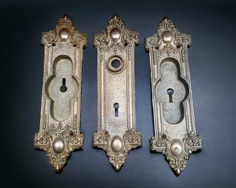 Set of 3 Ornate Reading Hardware Co Cast Iron Door Backplates Pocket Door Hardware, Reole # 241 and Reole # 432, Antique RHC Hardware