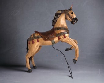 Carousel Horse with Metal Stand, Antique Large Carousel Horse with Genuine Horse Hair Tail, Adjustable Jumping Hand Crafted  Carousel Horse