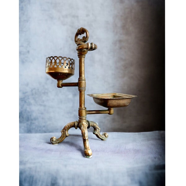 Antique Brass Bath Trio Countertop Toothbrush Cup Holder, Antique Brass Soap Toothbrush Holder, Victorian Brass Toothbrush and Soap Holder