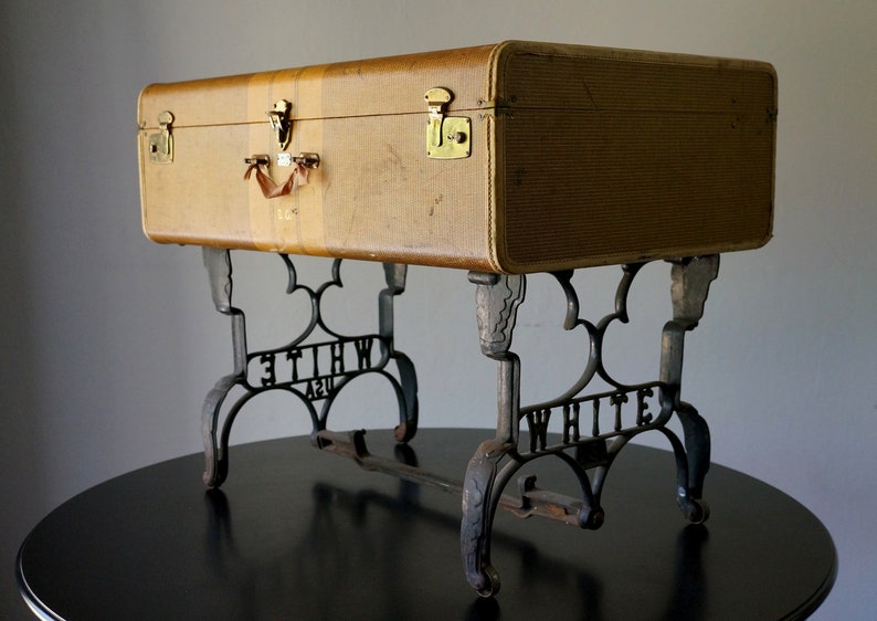 Vintage Suitcase Coffee Table With Antique Sewing Machine Legs Koch S Aviation Luggage Upcycled