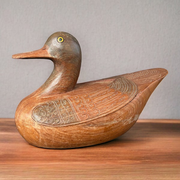 Folk Art Vintage Wooden Hand Carved Duck with Hidden Compartment, Handmade Duck Hidden Box, Handmade Duck Decoy Box, Hand Carved Duck