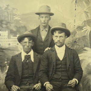 Three Blokes, Antique Tintype, Antique Black and White Tintype of 3 Men, Old Victorian Portrait, Sixth Plate Three Men in Hats, 1/6th Plate