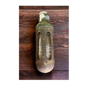 Rare Vintage Torpedo Bottle Trench Art, Circa 1950/70&#39;s, Round Bottom Metal Carrier, COTT Soda 7 oz Bottle with Blue, Red and White Markings
