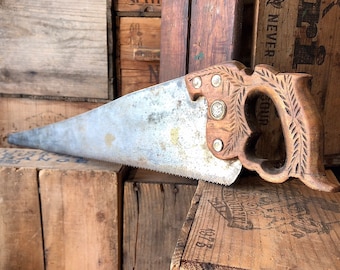 Antique Warranted Superior Hand Saw, Wheat Handle, Farmhouse Decor (30")