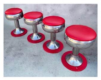 Set of Four 1950's Diner Stools, Vitro Products Inc. Chrome and Red Swivel Diner Stools, Mid Century Retro 1950's Diner, Restoration Project