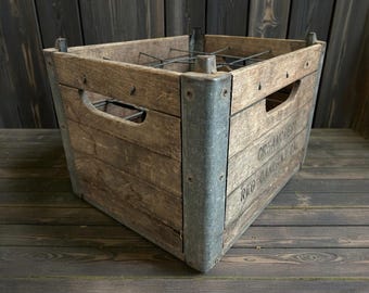 Antique Milk Crate With 1 Milk Glass Bottle Wooden Crate