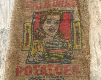 Rare Vintage California Pin Up Burlap Bag, Vintage Pinup Brand Potato Sack, Pinup Girl Bag, Vintage Pinup Brand Potato Bag, 100 lb sack