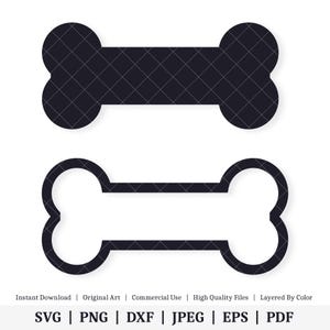 May include: Two black dog bone shapes, one solid and one outlined. The solid bone is on top and the outlined bone is on the bottom.