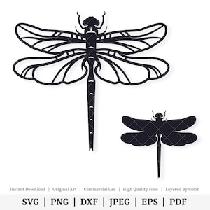 May include: A black and white silhouette of a dragonfly with intricate details. The dragonfly is shown in two sizes, one larger than the other.